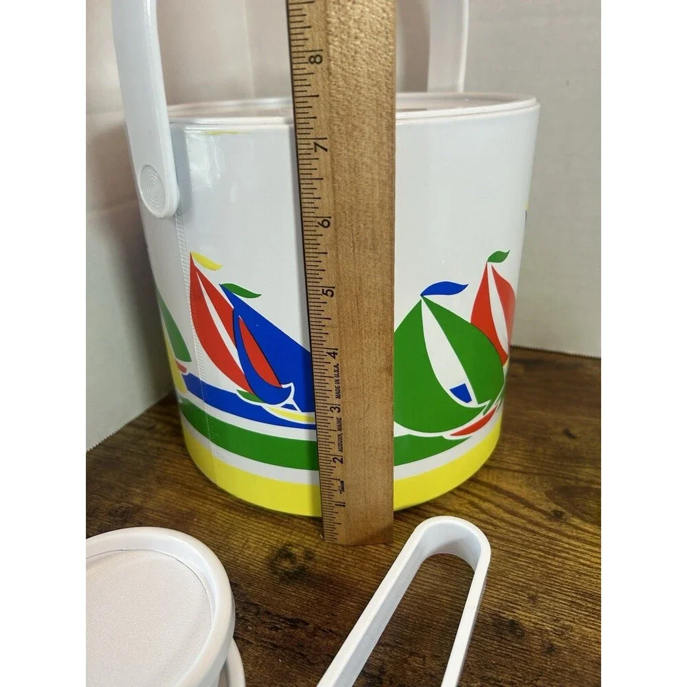 Vintage Sailboat Ice Bucket Set 4 Tumblers Coasters Tongs Primary Colors Taiwan